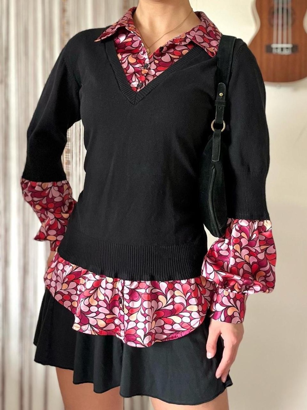 bisou bisou sweater with collared abstract undershirt